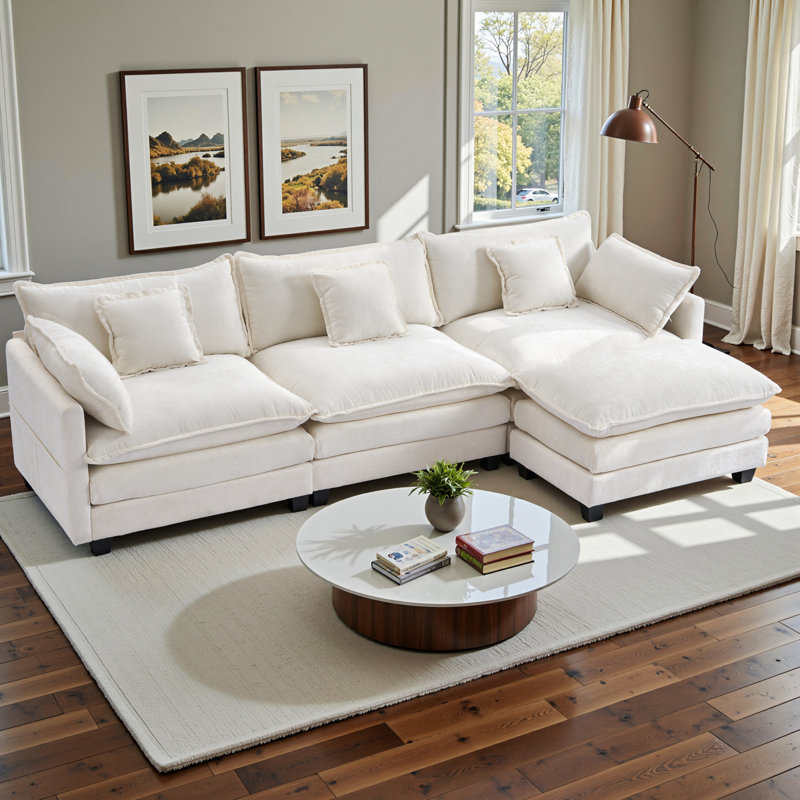 Chenille 3-Seat Sectional Sofa - Modular Deep Seat Sleeper Couch with Ottoman, Comfy Upholstered Furniture for Living Room, Apartment, Office"