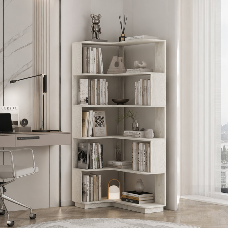 Bibliothèque de coin en L à 5 niveaux avec panneau anti-chute et dispositif de basculement pour bureau à domicile et salon