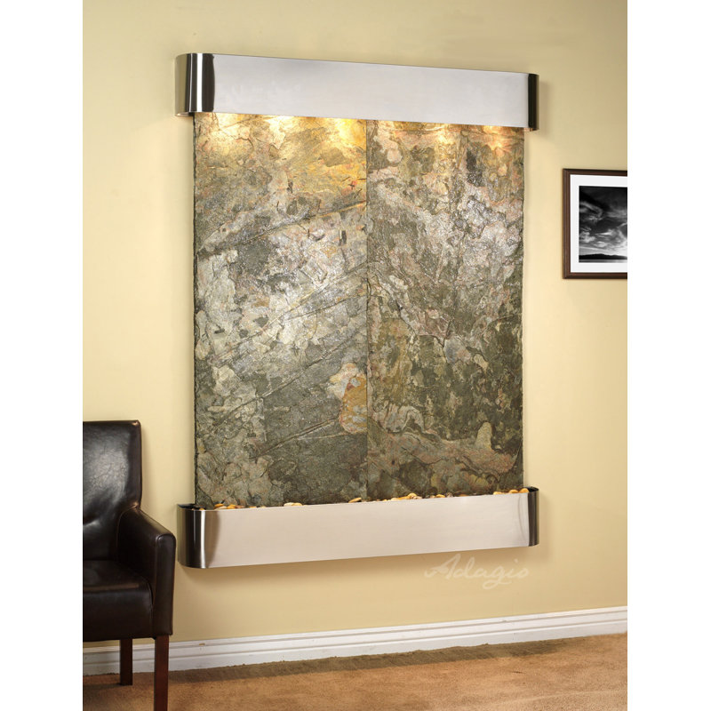 Majestic River Natural Stone Fountain with Light, Stainless Steel, Green Slate, Rounded