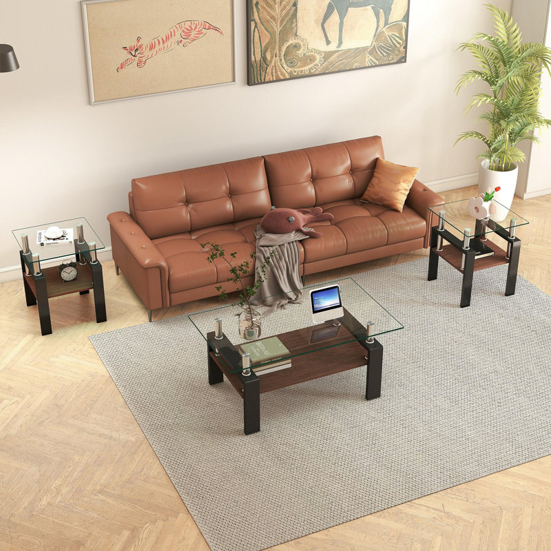 Ensemble de 2 tables à thé modernes en verre trempé, plateau en verre trempé avec panneau de fibres à densité moyenne, table basse, table de bout, table carrée pour le salon, transparent / noir