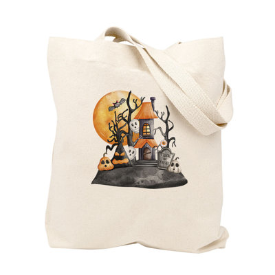 Custom Halloween Trick Or Treat Bag, Thick Cotton Linen Tote, Haunted House Design With Name, Reusable Candy Bag