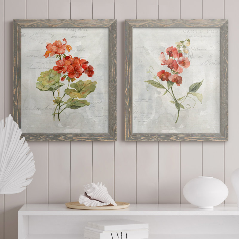 Lin géranium - ensemble de 2 reproductions d'art, H 20 po x l 17 po x P 1 po, Toile avec cadre gris, Pas de tapis