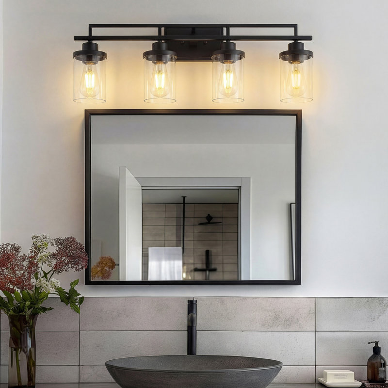 Éclairage de salle de bain moderne à 4 lumières à intensité variable noir avec abat-jour en verre transparent