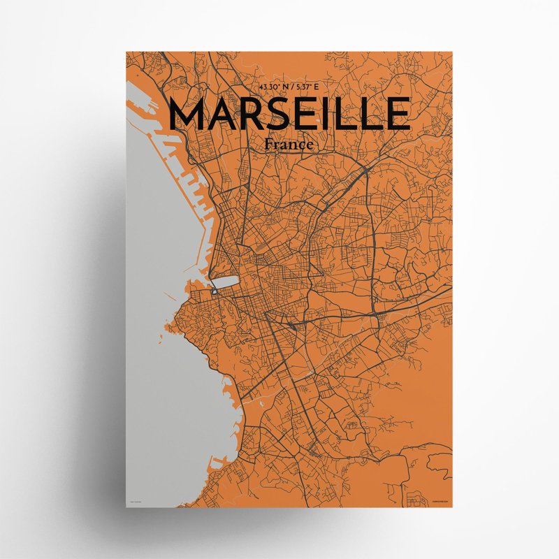 «Marseille City Map», impression, H 27,6 po x l 19,7 po, Orange et gris