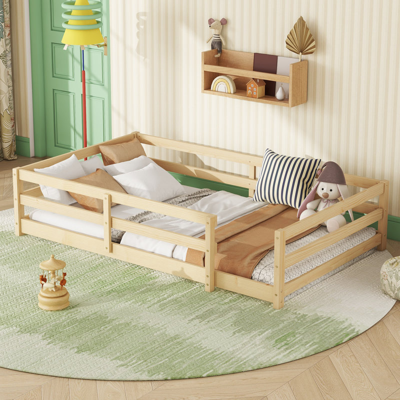 Poppyx Montessori Floor Bed Set With Fence, Sturdy Pine Wood And Safe Guardrails, Full, Oak