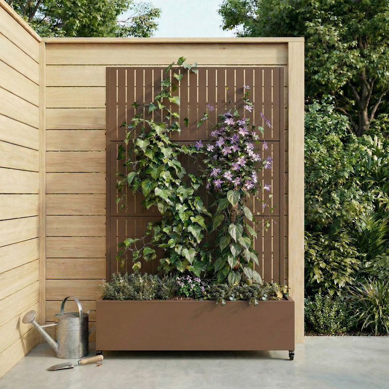Lit de jardin en métal avec treillis et roulettes H 6 pi x l 4 pi - brun, Brun