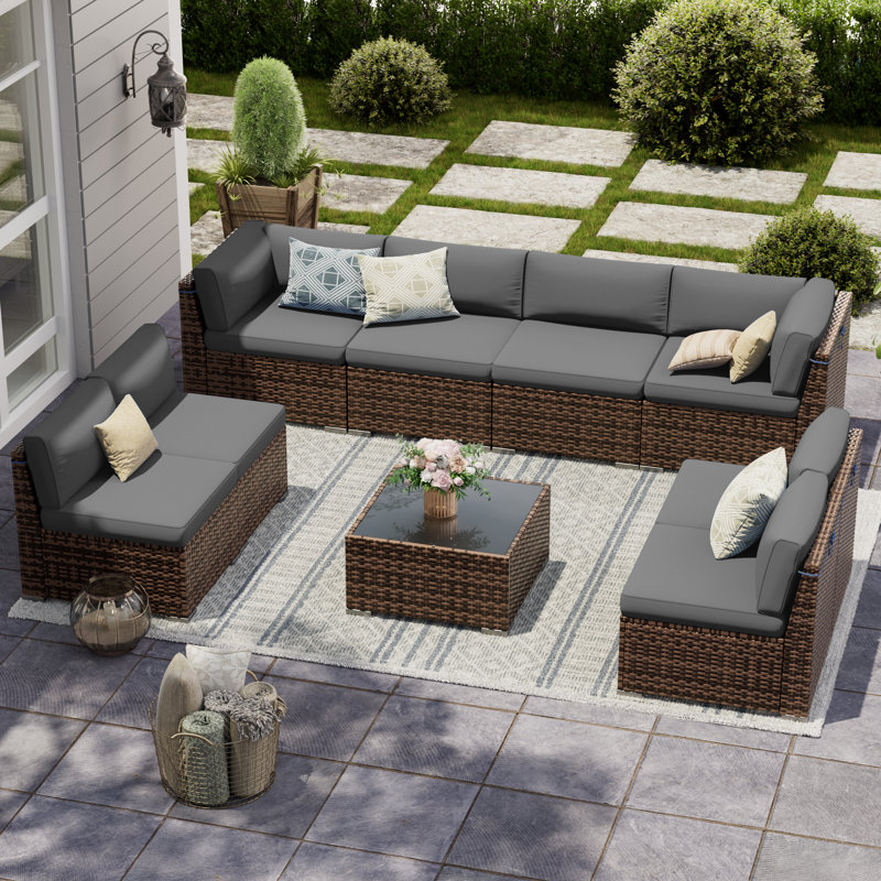Avamay Rattan Sectional Seating Group with Cushions, Gray Performance Microfiber, No