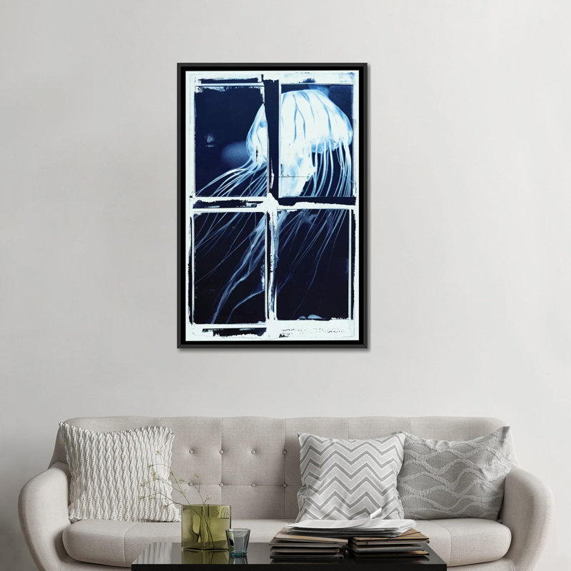« indigo jellyfish square », impression sur toile, H 48 po x l 32 po x P 1,5 po, Toile avec cadre flottant noir, Pas de tapis