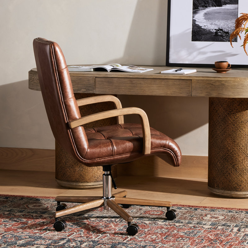 Cocoa Genuine Leather Swivel Task Chair with Wood Frame