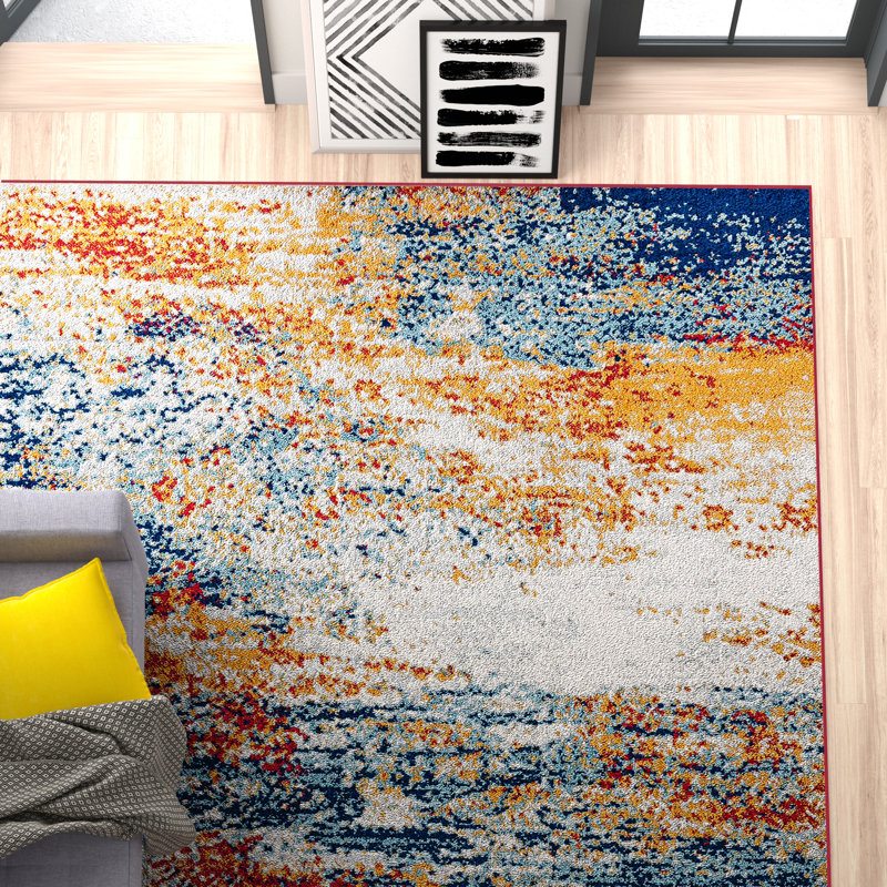 Abstract Red/Blue/Gold Colorful Indoor Area Rug, Rectangle 8'9" x 12'2"
