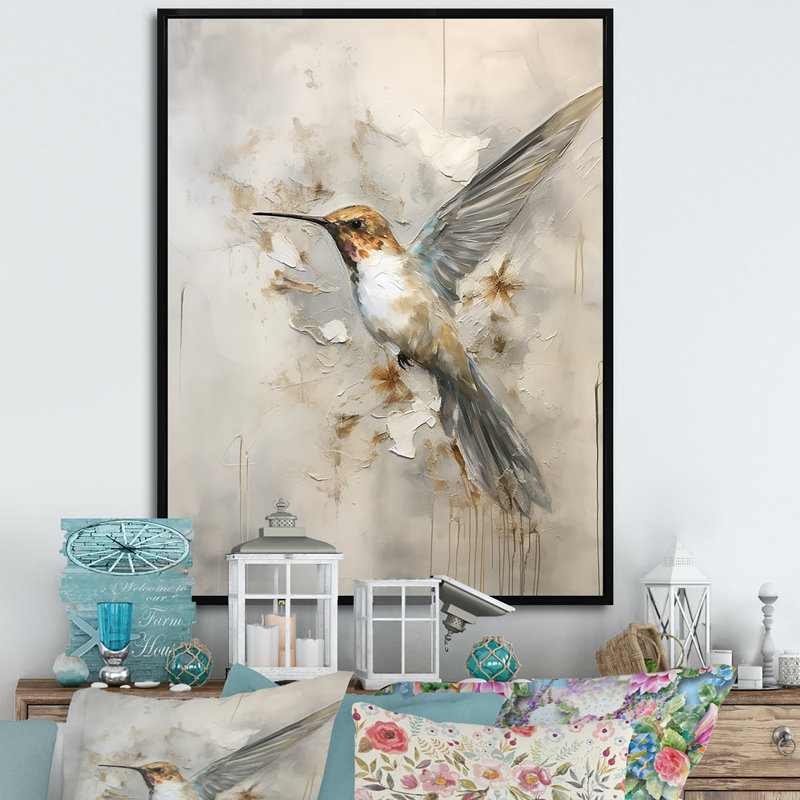 Fluttering Floral Hummingbird II, 32" H x 24" W x 1" D, Black Floater Framed