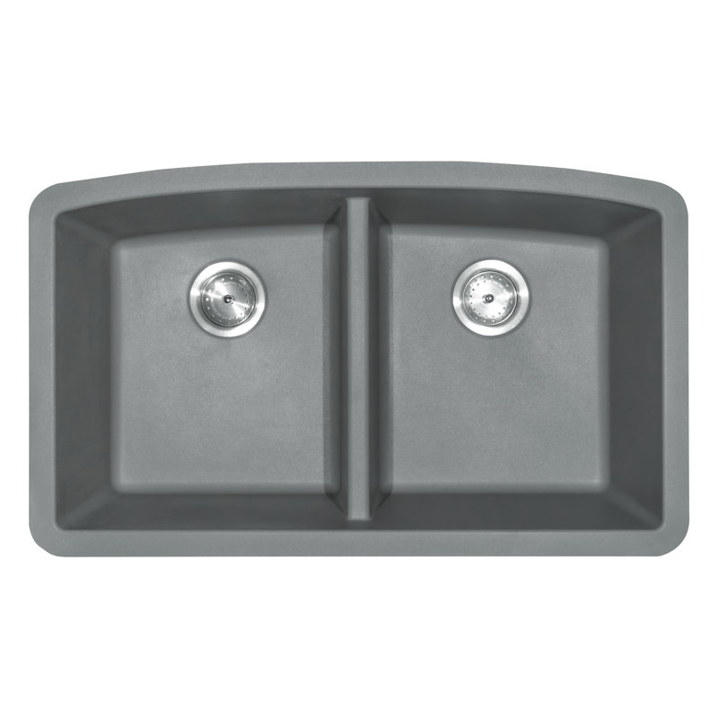32 in. x 19 in. Quartz Undermount 50/50 Double Bowl Kitchen Sink, Gray