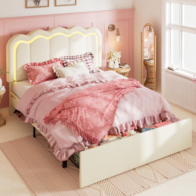 LED Velvet Upholstered Platform Storage Bed Frame With Drawer And Adjustable Headboard