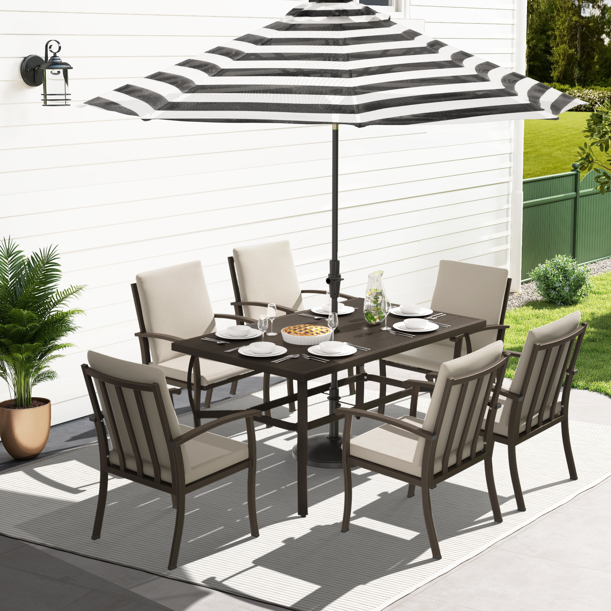 Willesden Rectangular Aluminum Dining Set with Cushions, 6, Dark Brown