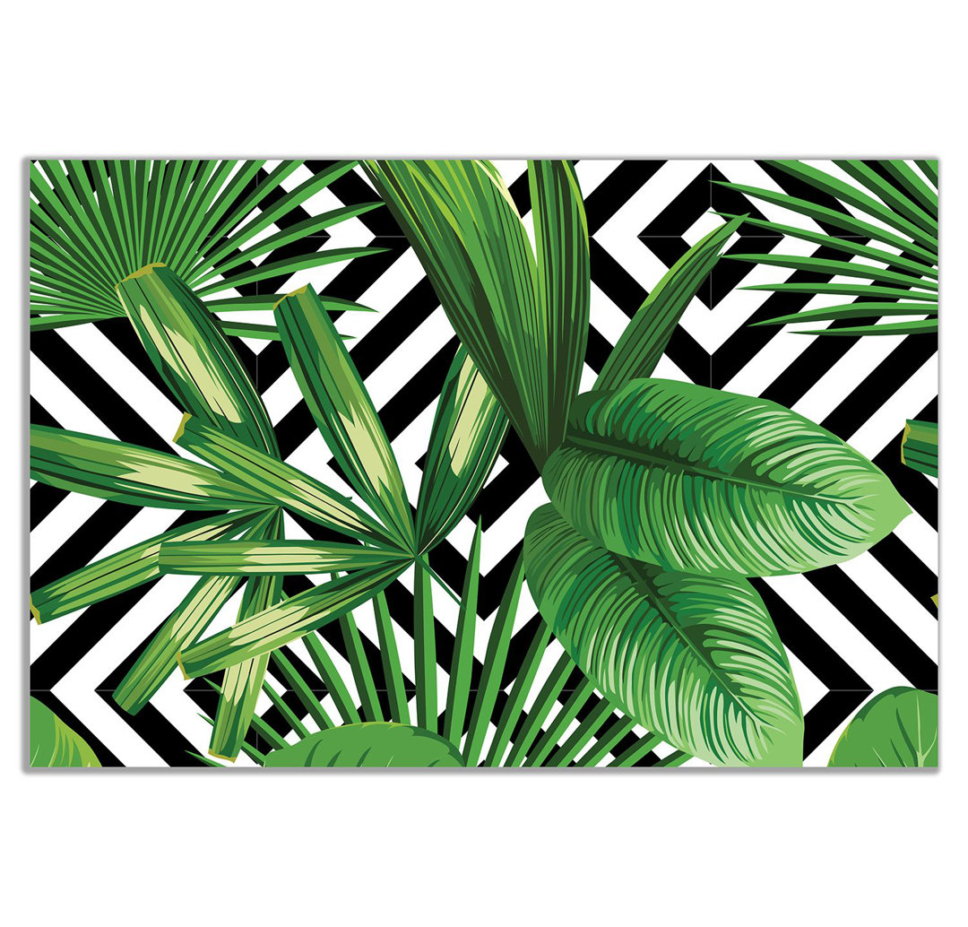 Exotic Jungle Leaves Black And White Geometric Botanical - Wrapped Canvas Print