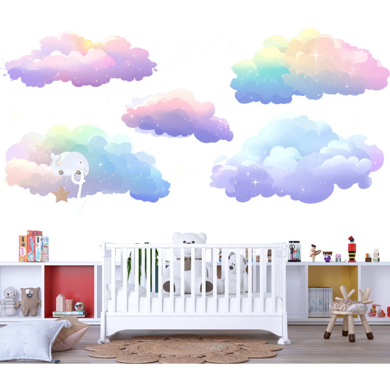 Adhésif décoratif chambre d'enfant arc-en-ciel nuage - ciel pastel et étoiles, art mural chambre d'enfant au-dessus du lit de bébé 056Mv