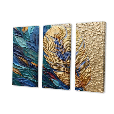 " Boho Glam Exquisite Gold On Blue Feather V " 3 - Pieces