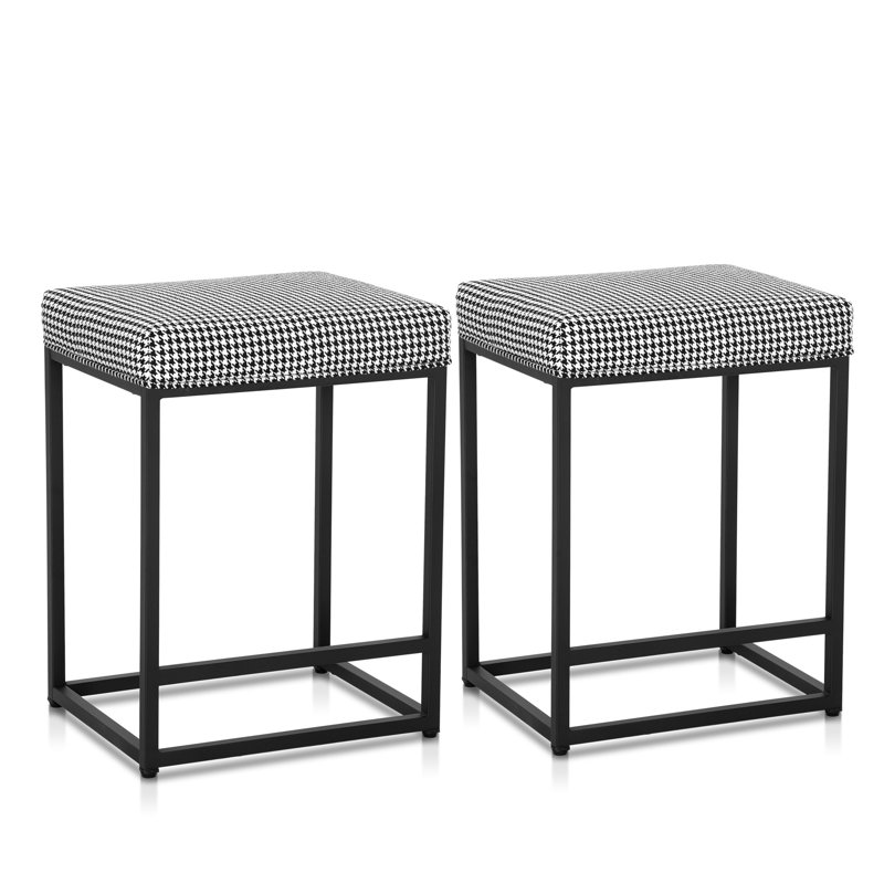 Tuckerman Industrial Bar Stools Set - Rust Steel Frame with Foam Cushions & Anti-Slip Pads, Black/White Houndstooth, 2