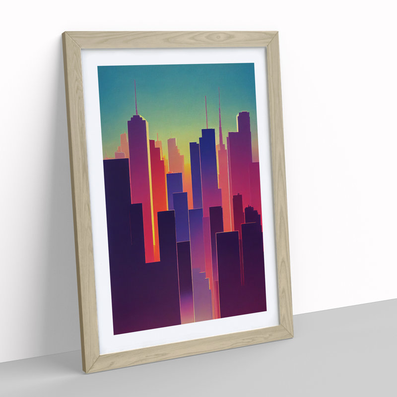 Bright City Skyline Abstract - Wall Art, 36cm H x 27cm W x 2cm D, Oak Framed, White