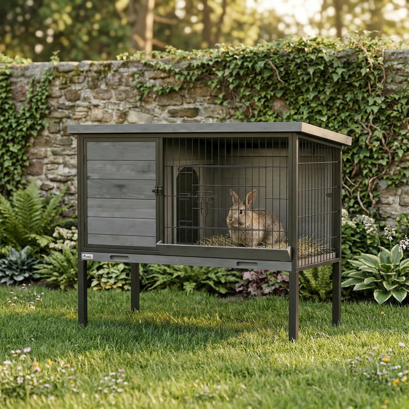 Cage à lapin 36,4 x 16,3 x 28,5 po, en bois gris et plastique avec ventilation