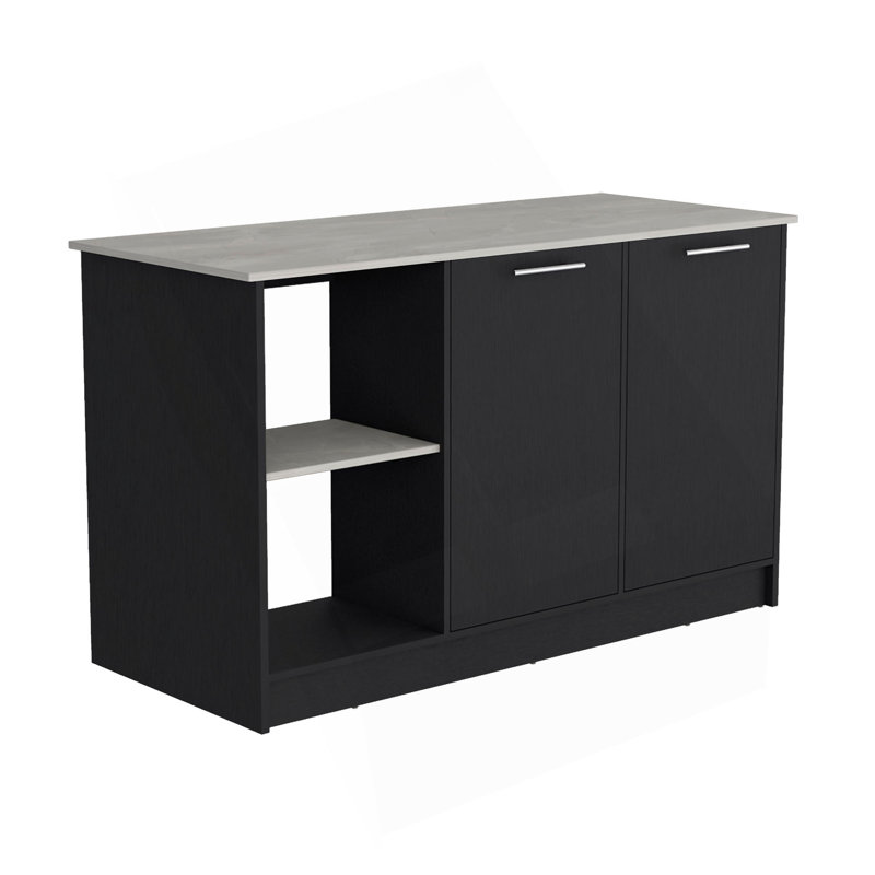 Kitchen Island with Large Top Surface, Double Door Cabinet, and Open Shelves Black / Ibiza Marble