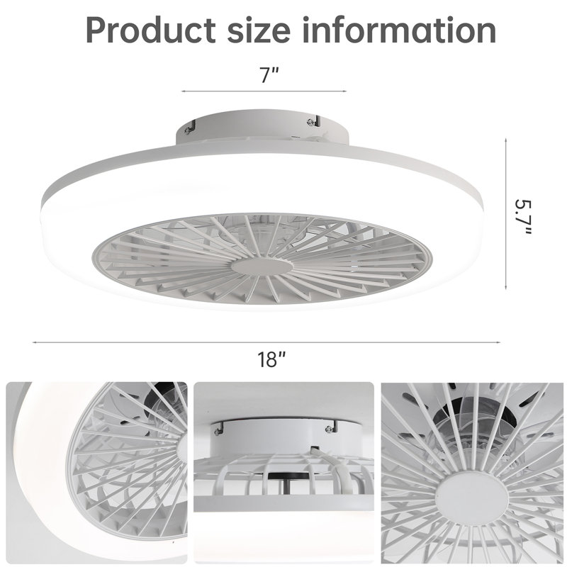 Ventilateur de plafond fermé de 18 pouces avec lumière et télécommande, ventilateur encastré sans pales pour la salle à manger de la cuisine de la chambre à coucher