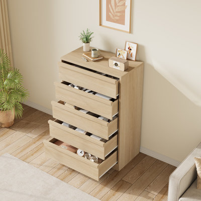 Commode 5 tiroirs pour la chambre à coucher, 5 commodes de 43 po de hauteur avec grand espace de rangement, organisateur de commode moderne pour le salon, la chambre de bébé, le vestibule, le placard, couleur bois