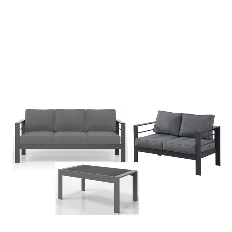 3-Piece Modern Aluminum Patio Conversation Set, Dark Gray Cushion/Dark Gray Frame