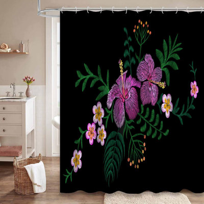 Waterproof Tropical Palm Leaf Bath Hawaiian Hibiscus Shower Curtain with 12 Hooks
