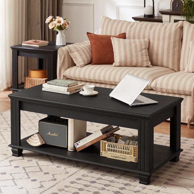 Farmhouse Coffee Tables for Living Room,Square Tea Table with Open Storage Shelf,Large Coffee Table,Rustic Wooden Center Table (Black)