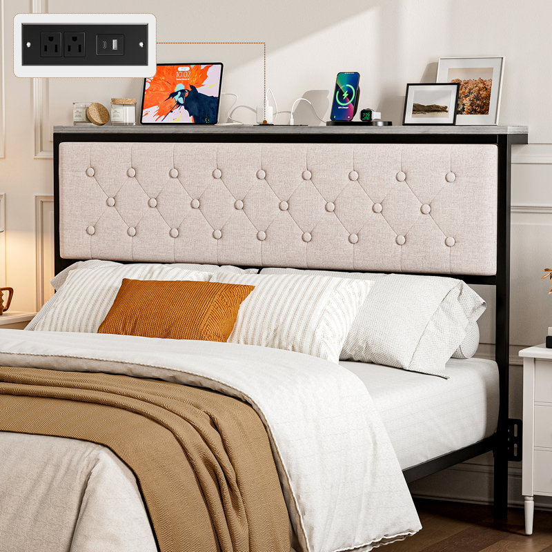 Headboard With Storage And Charging Station, Upholstered Storage Headboard Only With Bed Frame Brackets Adapter, Button Tufted Design, Easy Assembly