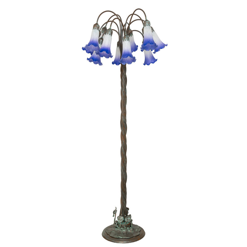 61" High Blue/White Tiffany Pond Lily 12 Light Floor Lamp, Blue