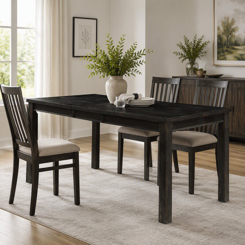Table de salle à manger rustique et audacieuse, style antique noir vieilli, avec rallonge, en bois massif.