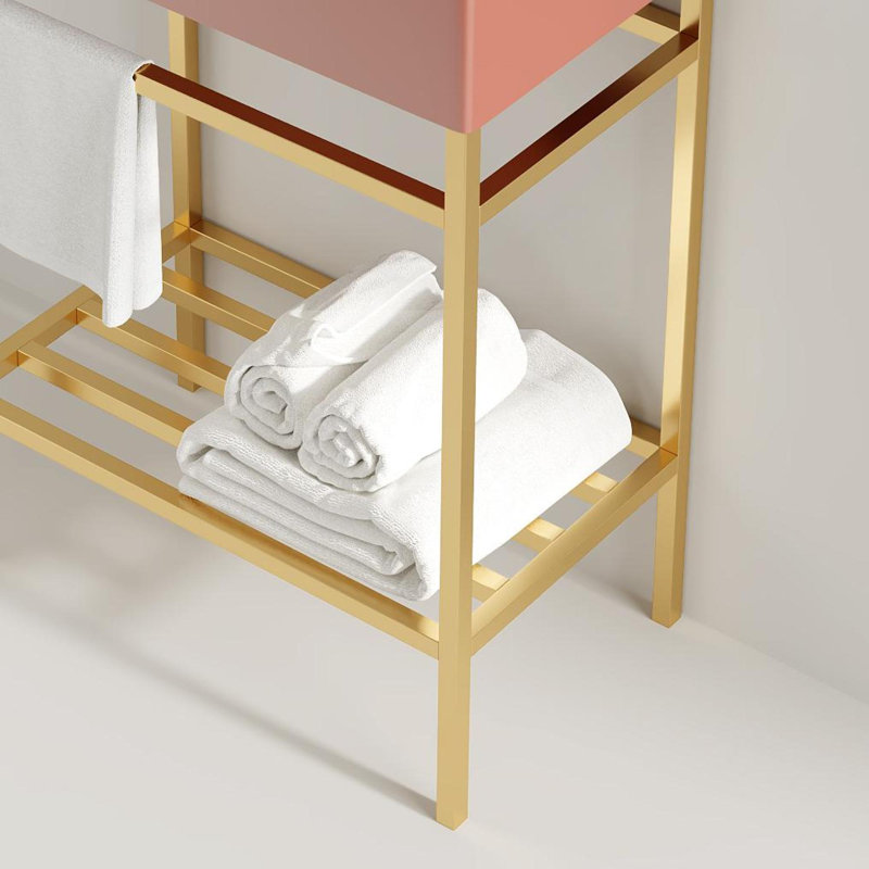 Ensemble de meuble-lavabo autoportant Lofi de 24 po avec lavabo rectangulaire en céramique rouge lustré, pieds en métal ouverts et tablettes de rangement dorées