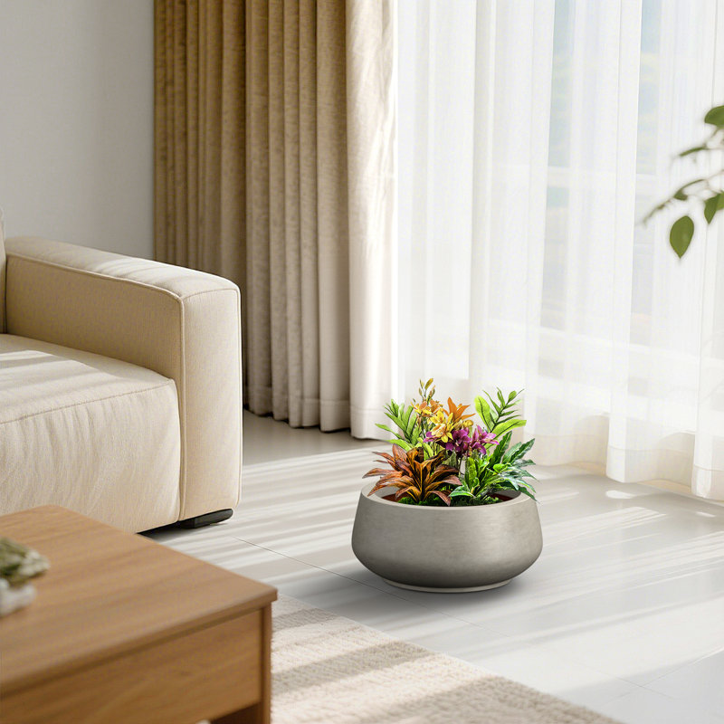 16 in. Large Stone Gray(Upgraded Interior) Concrete Round Planter / Pot, Curvy Planter Bowl with Drainage Holes, Stone Gray