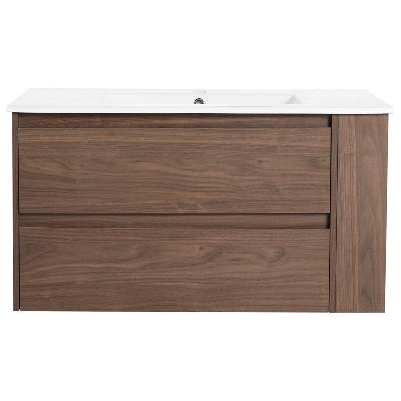 Meuble-lavabo mural avec lavabo en céramique et tiroir à fermeture en douceur aux 2/3 tiroirs - Base de contreplaqué en chêne brun de style moderne avec de grands tiroirs de lavabo 36 po