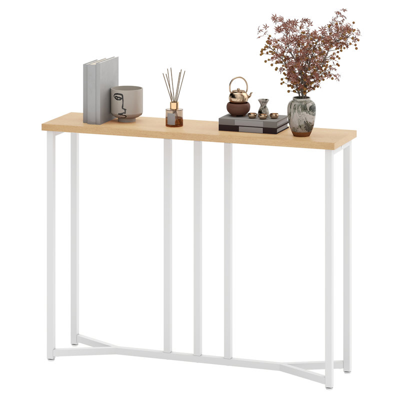 Set Of 2 Console Table, Slim Console Table For Hallway, Metal Frame, Sofa Table, 80 cm H x 80cm W x 20 cm D, Oak Wood, White