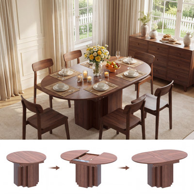 45.3"-61" Extendable Dining Table for 4-6 People, Round to Oval Expandable Dining Room Table with Built-in Extension Leaf, Modern Wood Kitchen Table with Pedestal Base for Dining Room, Kitchen, Apartment, Walnut Brown
