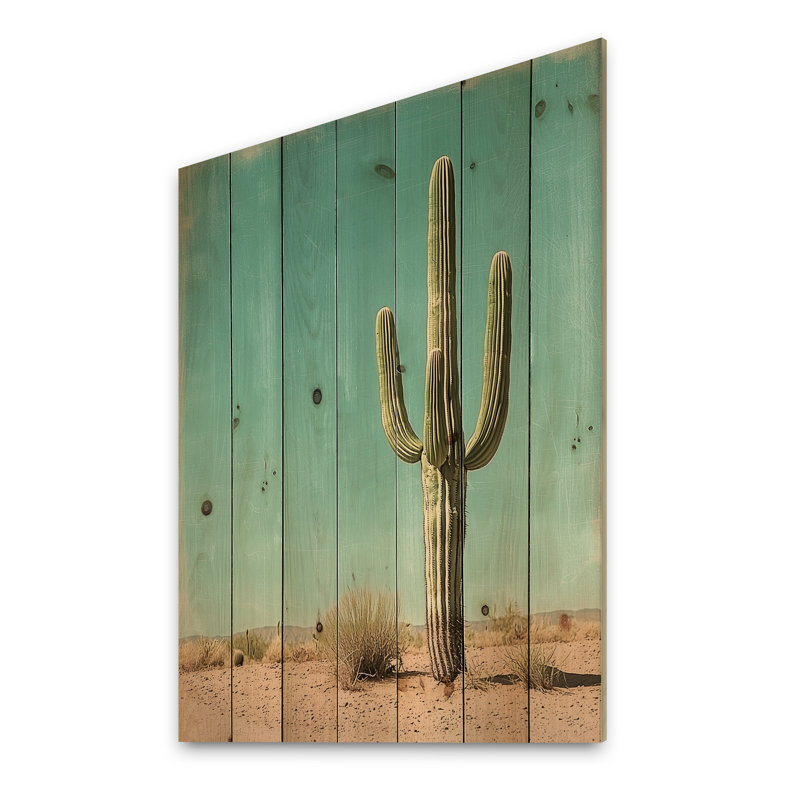 Cactus minimaliste et ciel du désert II - décoration murale en bois de cactus floral - sur bois de pin naturel