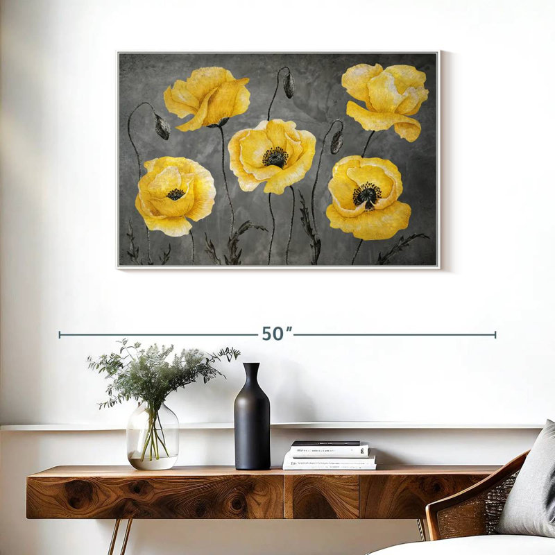 Coquelicots jaunes, Cadre flottant blanc, 37 po x 25 po