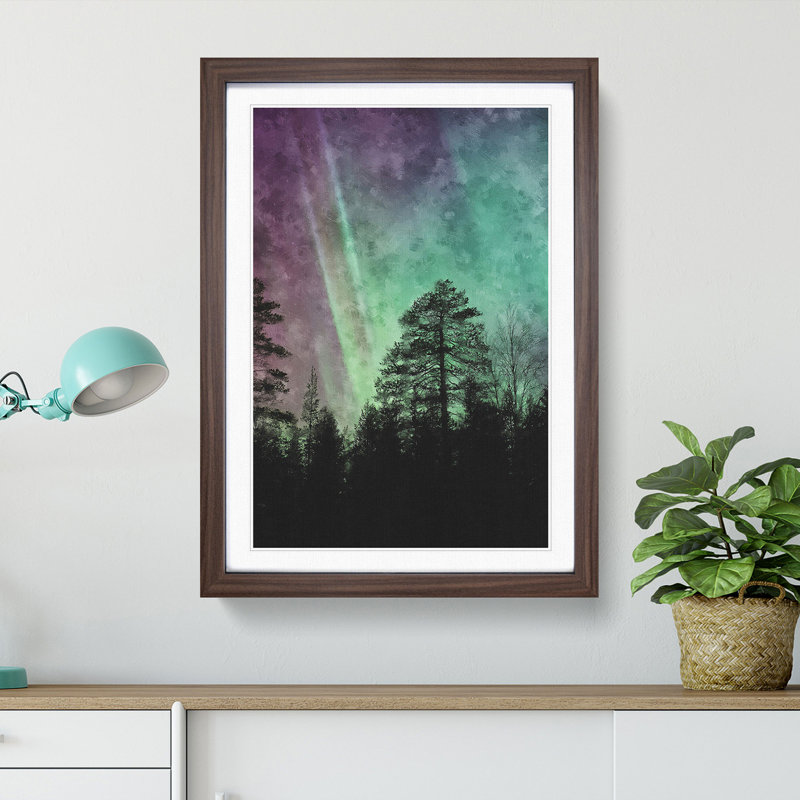 Northern Lights over the Forest - Picture Frame Graphic Art Print, 33cm H x 24cm W x 2cm D, Walnut Framed