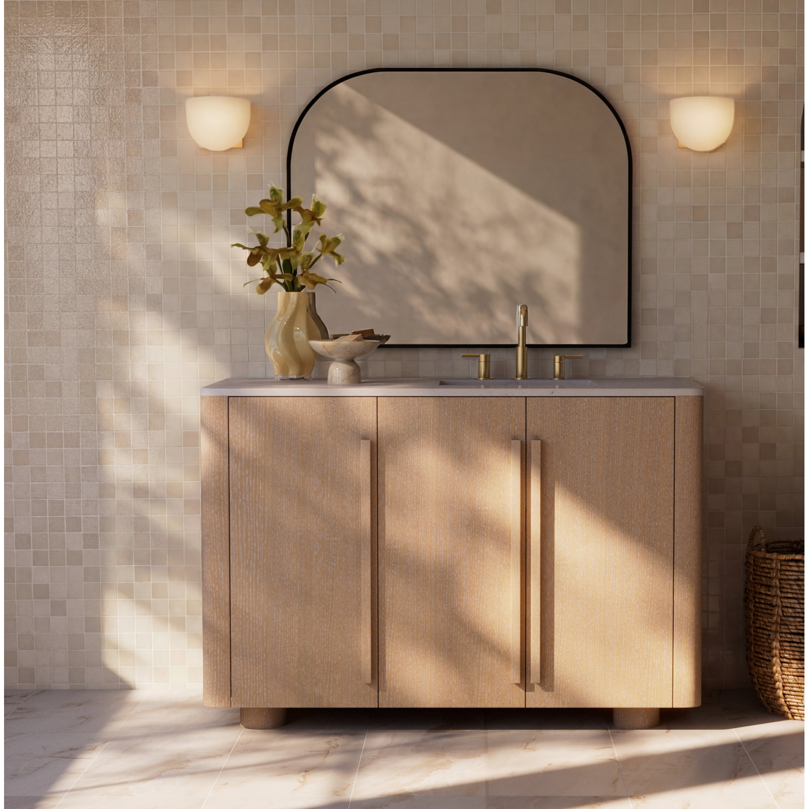 Single Frosted Dimmable Bath Sconce, Brushed Brass