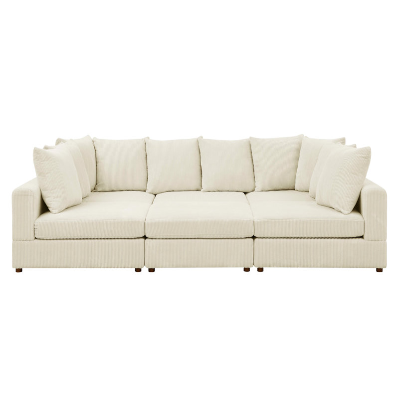 6 - Piece Corduroy Sectional For Relaxing, Cream Color, Coil And Sinuous Spring, Low Profile Legs, 36 In Height Colored Modular Corduroy, Comfortable Entertaining, Plastic Seats