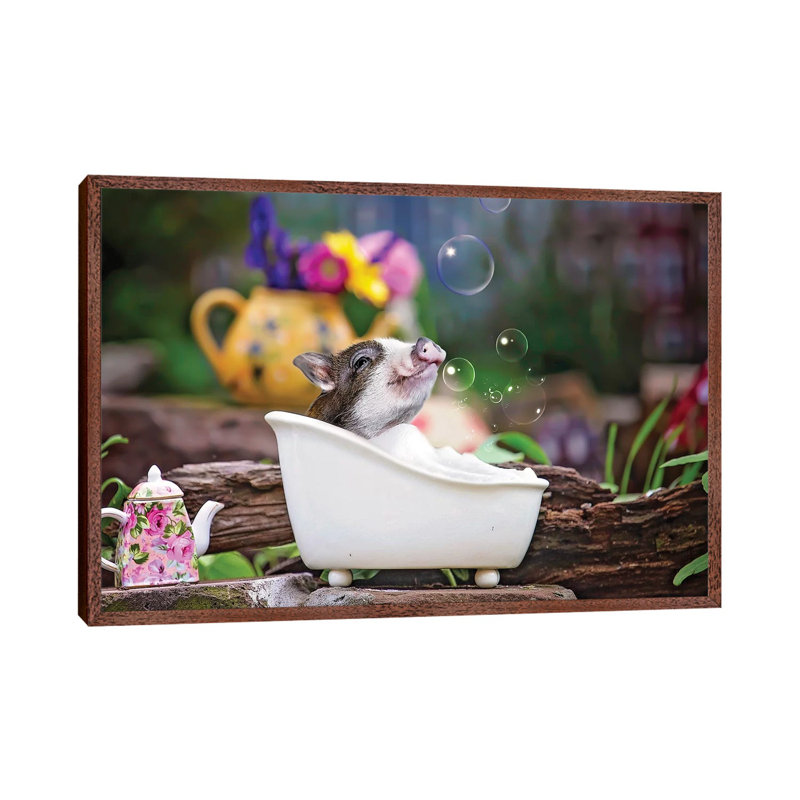 Piglet Bubble Bath by Karen Burke - Print on Canvas, Classic Brown Wood Framed, 66.04cm H x 101.6cm W x 3.81cm D