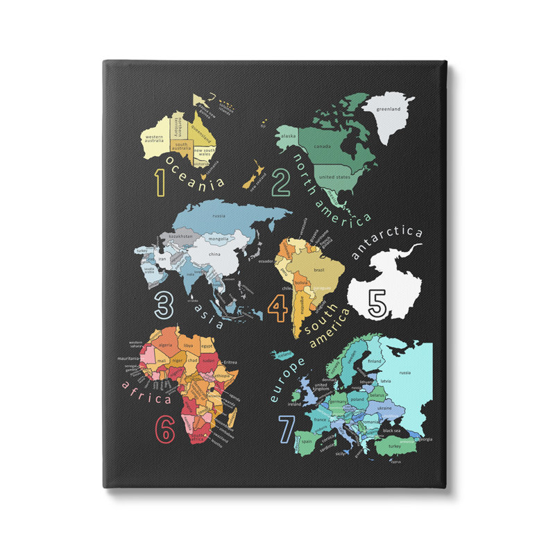 "Sept Continents", carte informative, cadre détaillé, impression sur bois aggloméré, L 24 po x H 30 po, Toile tendue