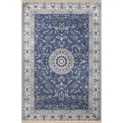 Navy Blue Themed Traditional Motif Floral Patterned Creative Vintage Decorative Rug