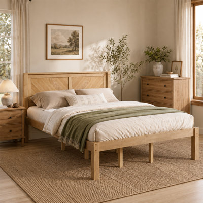 Queen Size Solid Wood Platform Bed Frame with Herringbone Wood Headboard, Under‑Bed Storage, No Box Spring Needed