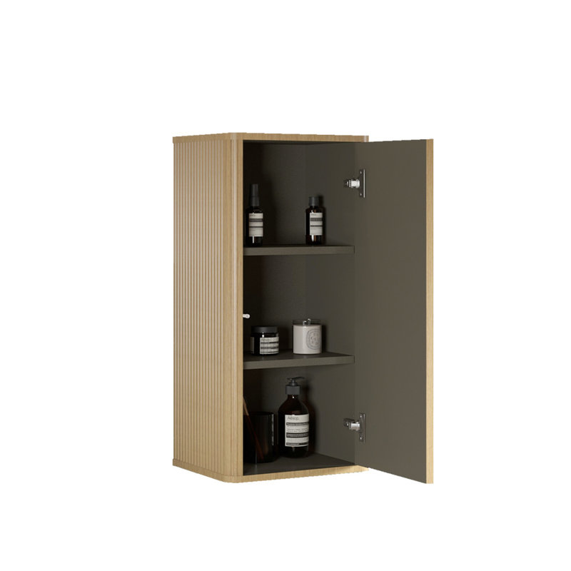 Natural Oak Bathroom Floating Side Cabinet - Storage For Small Spaces Pre-Assembled Scratch & Water 2 Adjustable Shelves Push-Open Door Space Wall Mounted And Curved Edges Stylish Texture