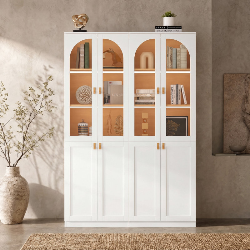 Bibliothèque blanche Cathcart 71"H x 47,2"L avec portes et étagères en verre, meuble de rangement avec bandes lumineuses DEL (2 pièces)