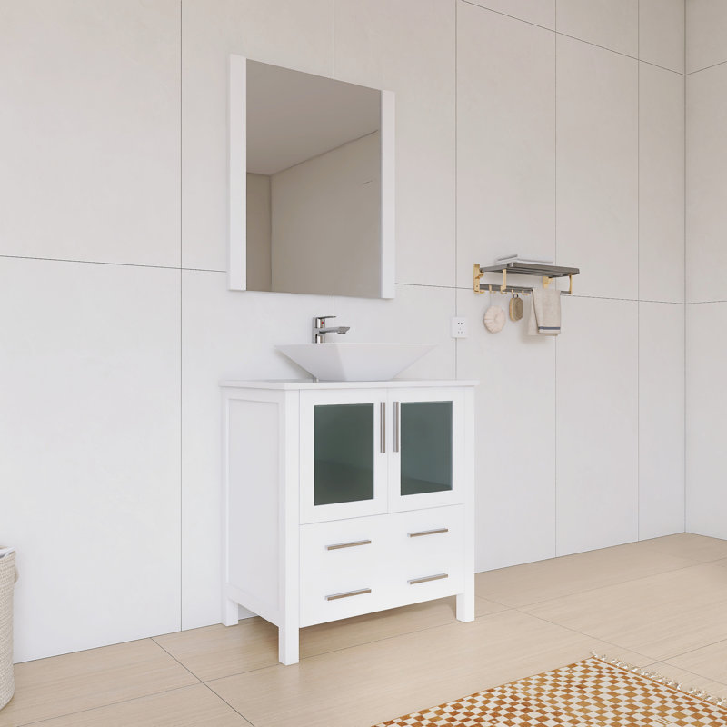 Ensemble de meuble-lavabo simple 30 po avec plateau en céramique et miroir Bennet | Structure en bois massif, portes à fermeture en douceur et tiroirs pleine extension
